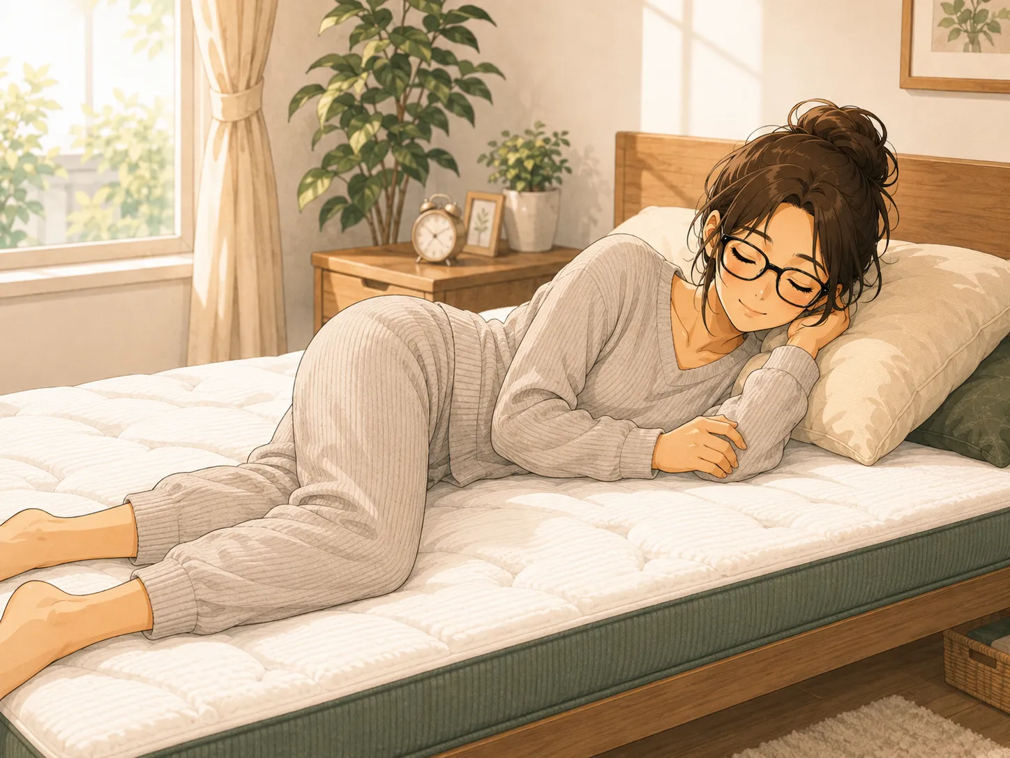 雲のやすらぎ極マットレスの上で横になるみなみのイラスト