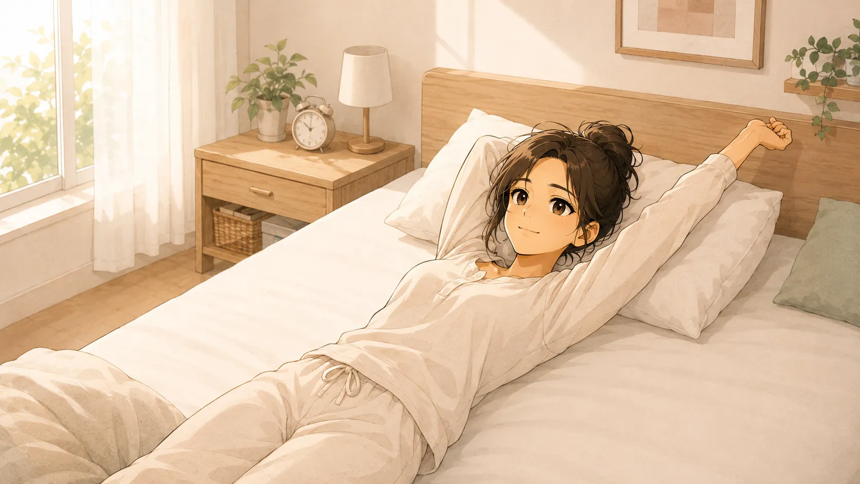 NELLマットレスの上で寝返りを打つみなみのイラスト