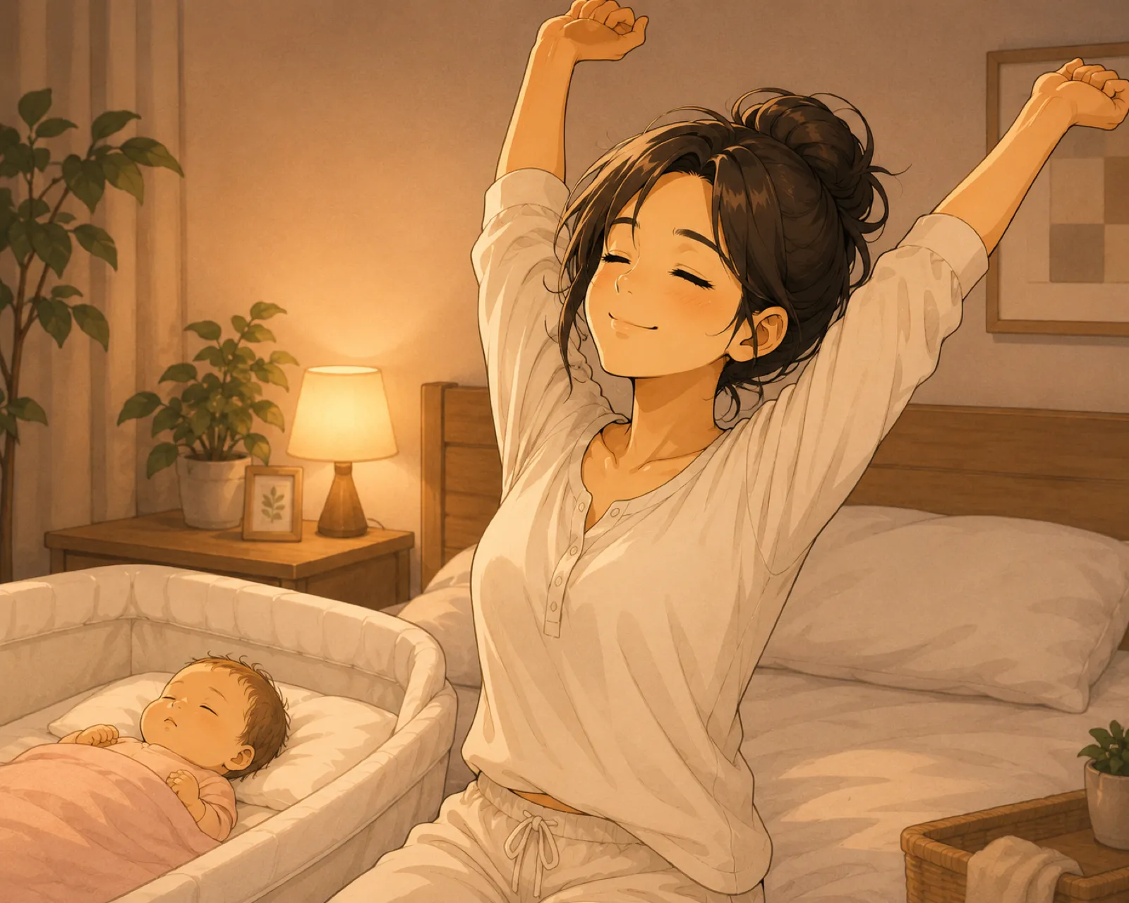 眠る赤ちゃんのそばで大きく伸びをするみなみのイラスト
