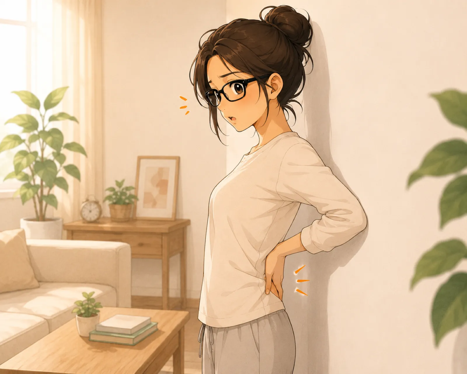 壁を背にして立ち、腰と壁のすき間を手で確認しているみなみのイラスト