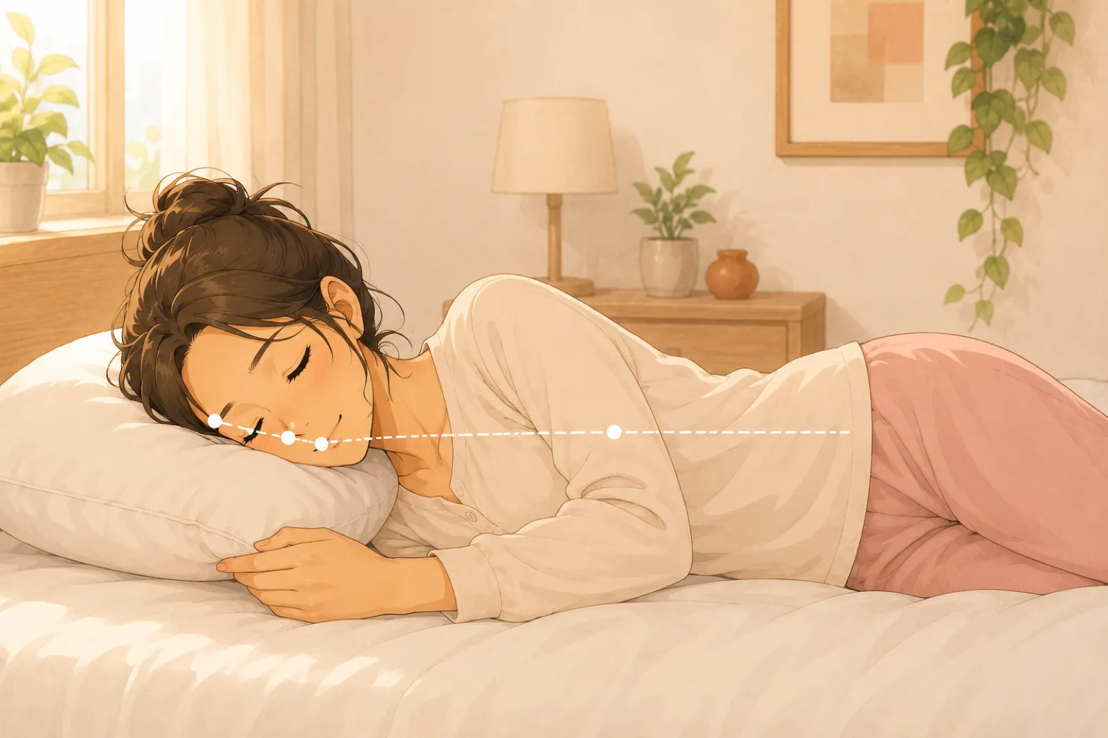 枕に頭を支えられて背すじの伸びた横向きで眠るみなみのイラスト