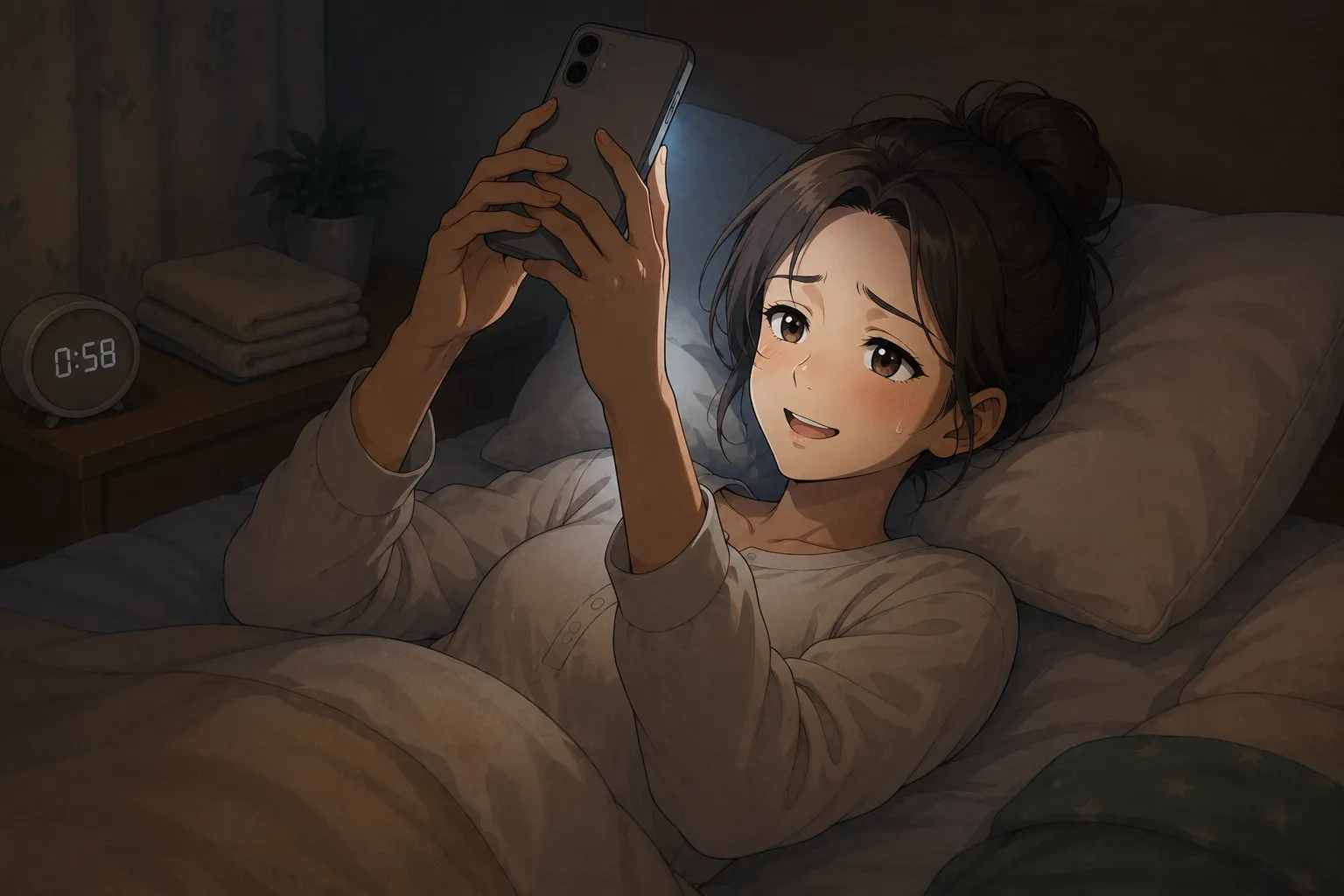 深夜の寝室で布団に横になりスマホを見ている女性