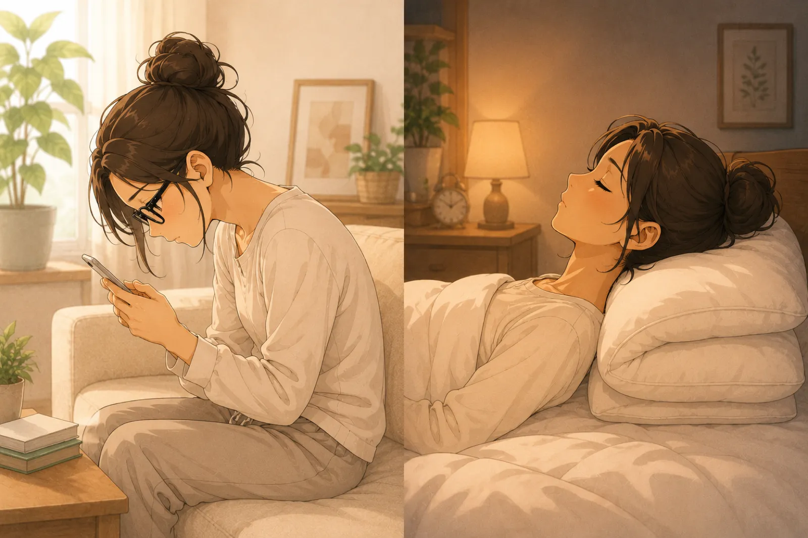 スマホをのぞき込む姿勢と高い枕で眠る姿勢で首の形が同じになることを示すみなみの比較イラスト