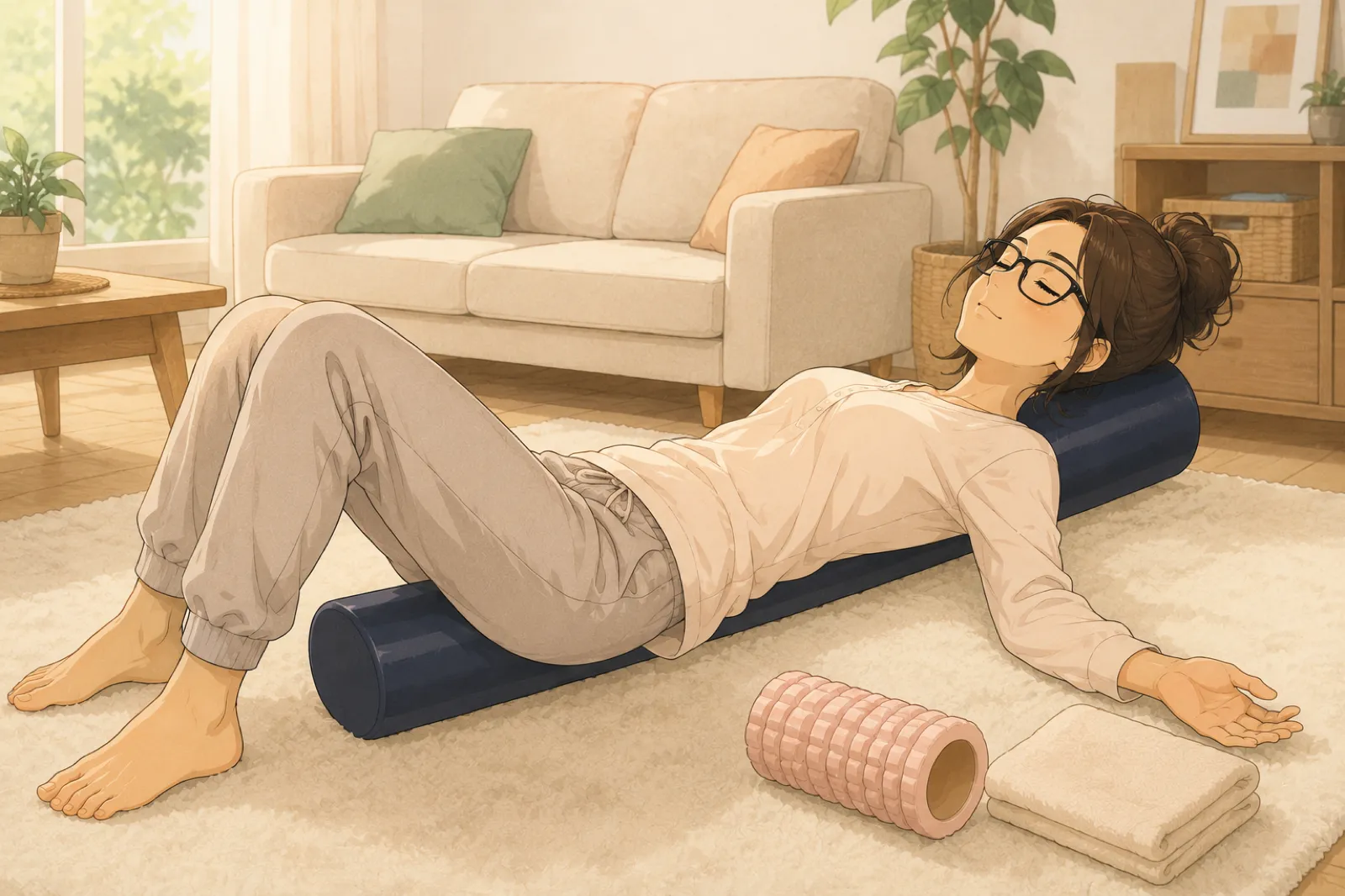 ストレッチポールに仰向けで乗り力を抜いて休むみなみのイラスト