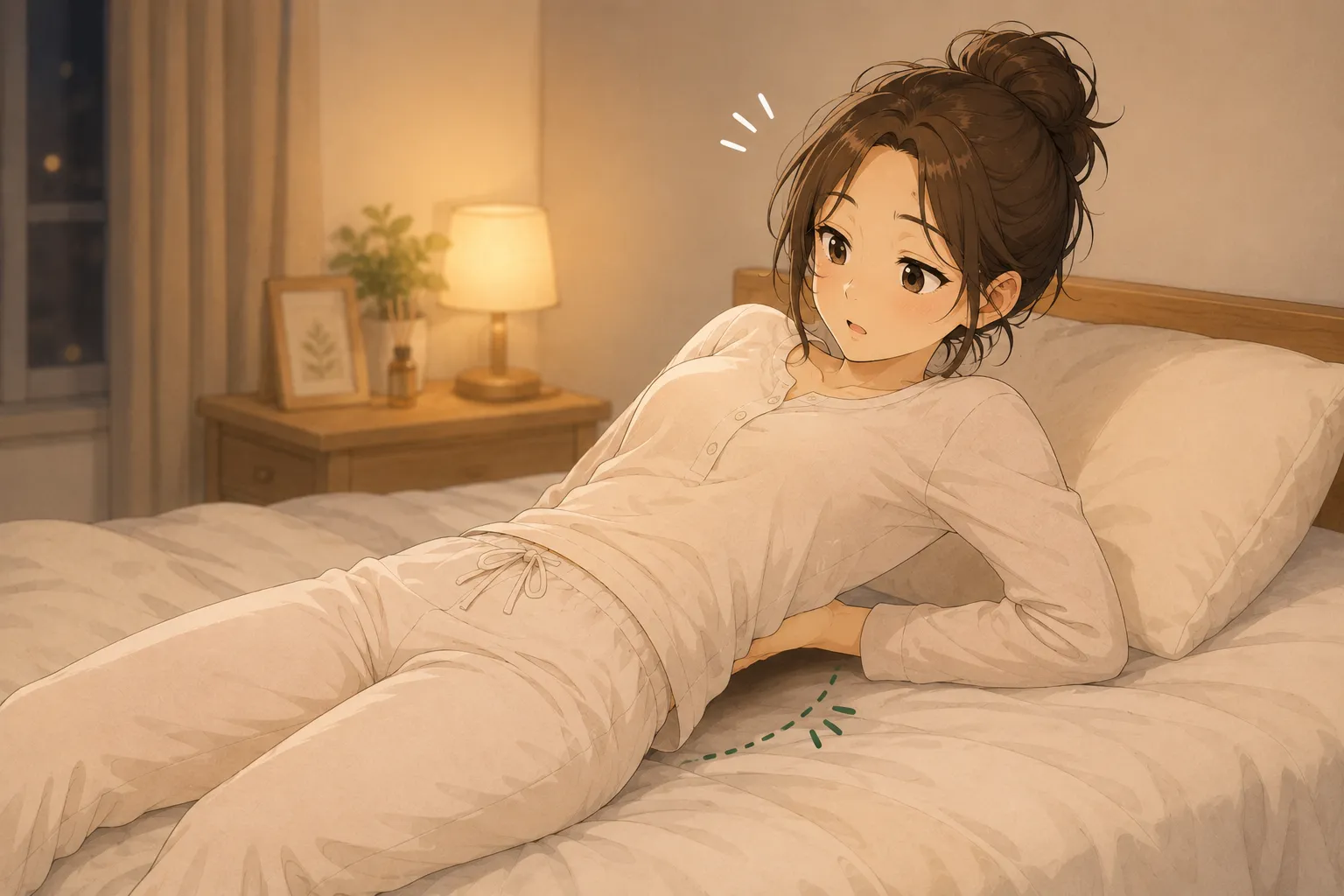 布団の上で仰向けになり腰の下の隙間を手で確かめている女性