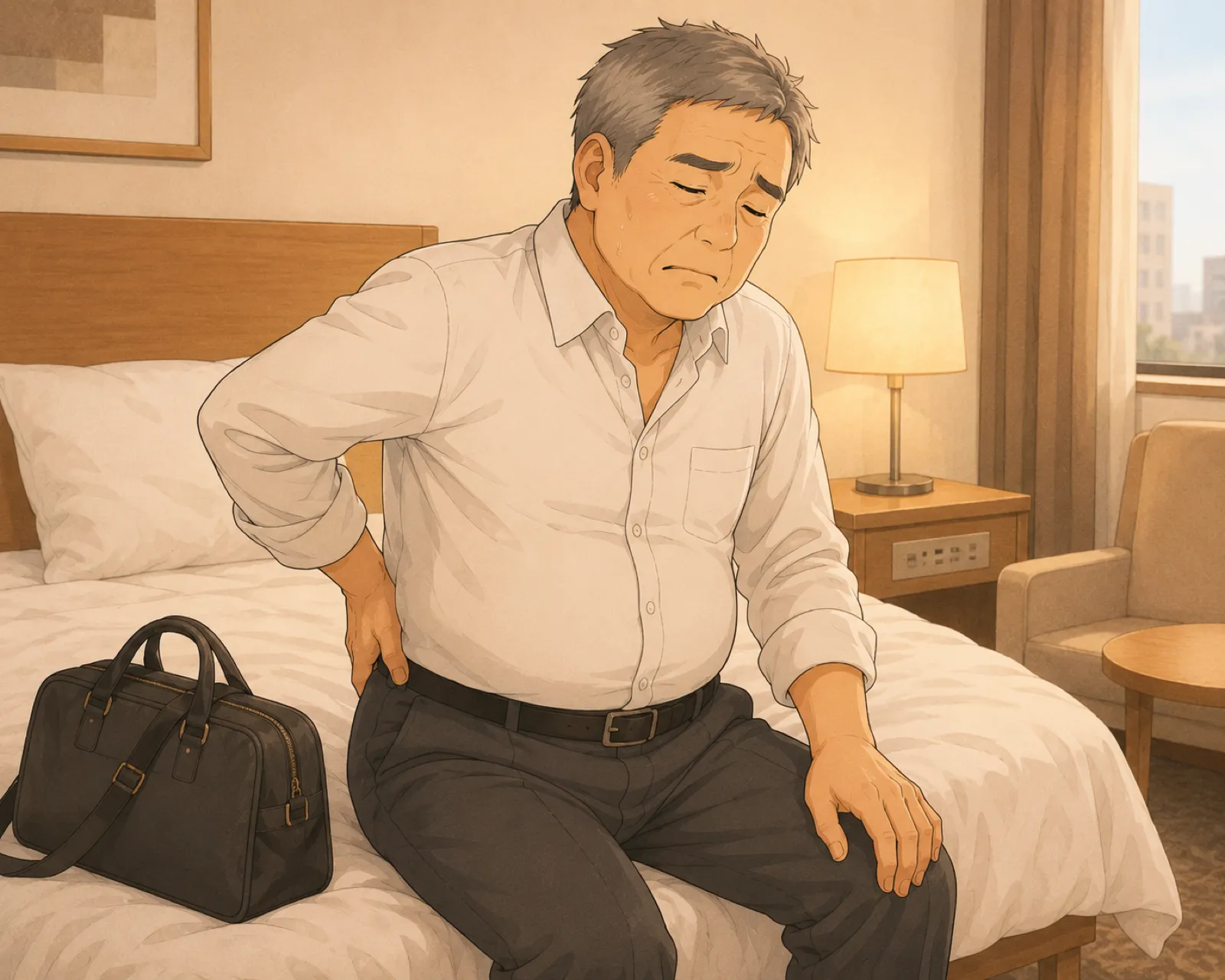 出張先のホテルのベッドに腰掛けて腰に手を当てるみなみの父のイラスト