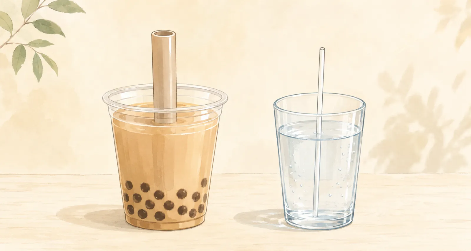 太いストローのタピオカジュースと細いストローの水のグラスの比較イラスト