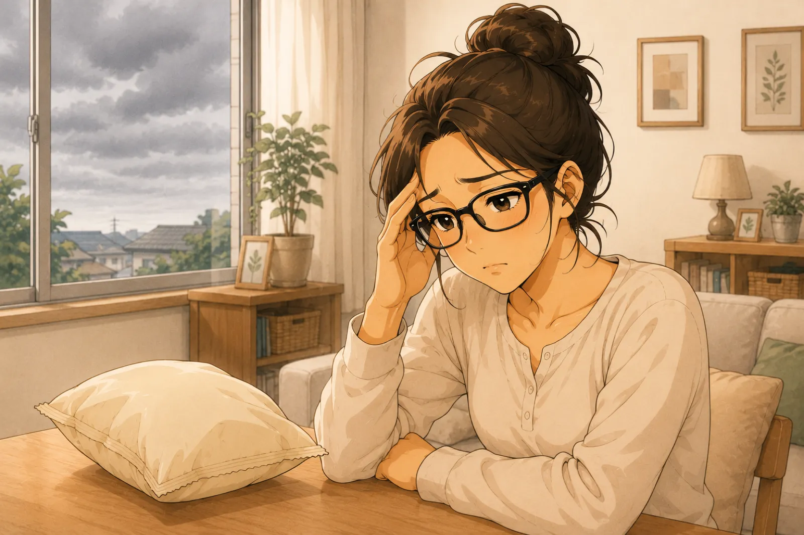 雨雲の見える窓辺でこめかみを押さえるみなみと、気圧で膨らんだお菓子の袋のイラスト