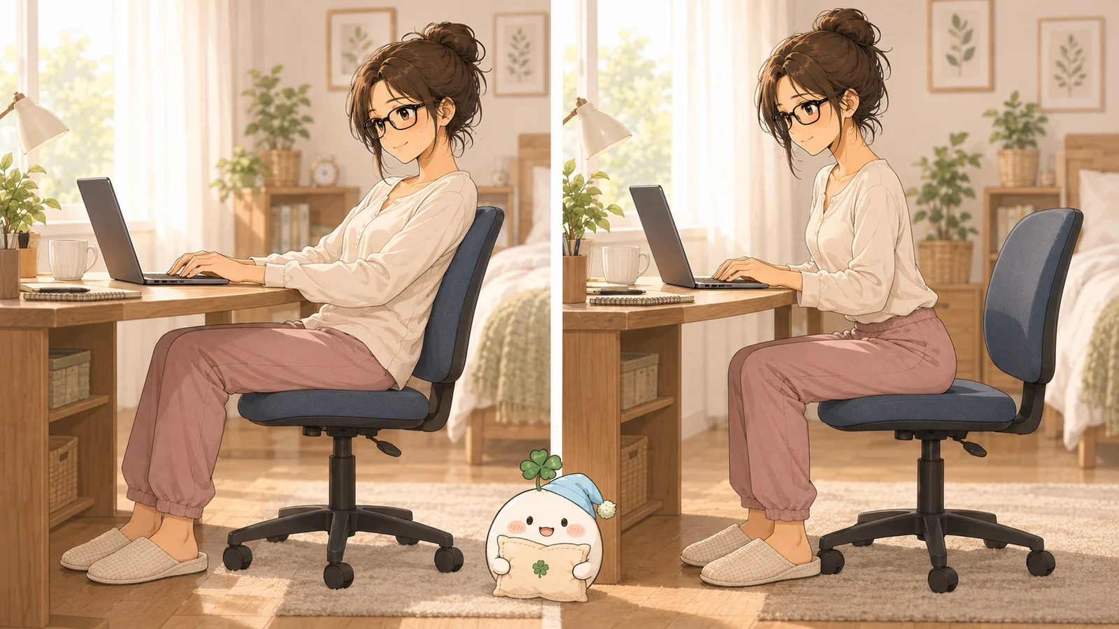 深く座って背もたれを使う座り方と、浅く座ってもたれない座り方