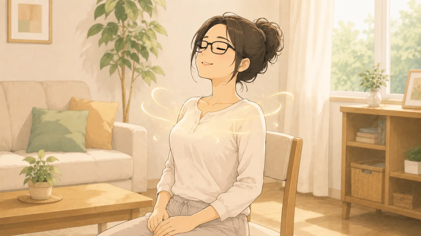 背すじを伸ばして気持ちよさそうに深呼吸するみなみ