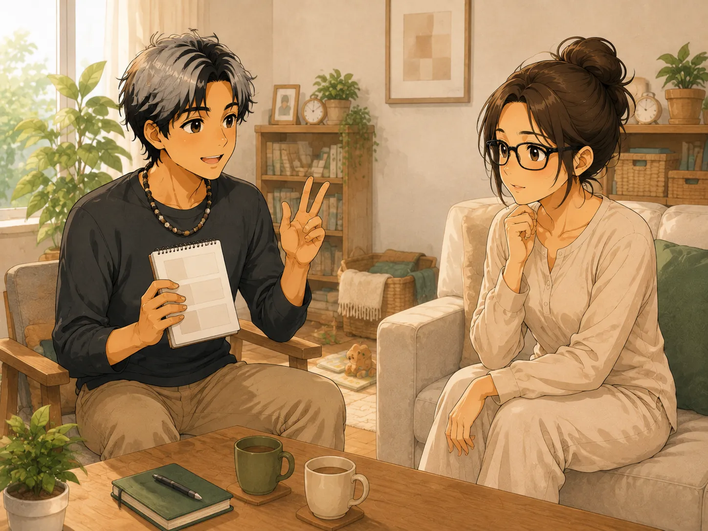 ノートを指しながら悩み別の相談先を説明するけんぞう先生と、聞いているみなみ