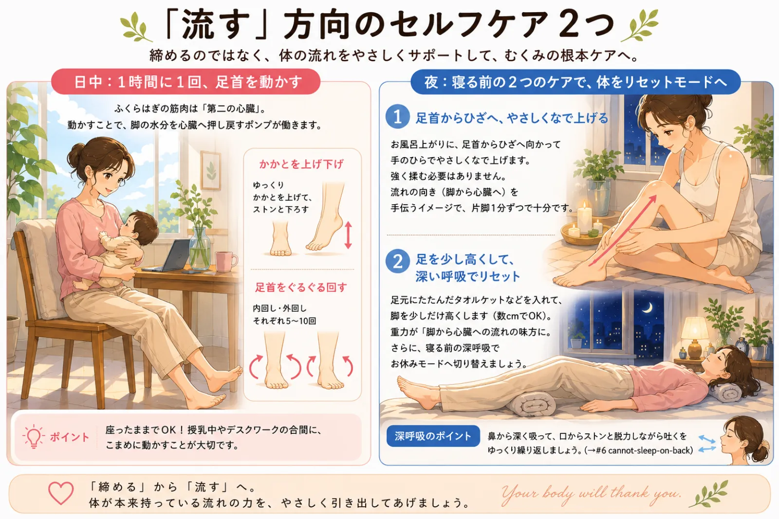 むくみを流す方向のセルフケア2つの図解。日中は1時間に1回かかとの上げ下げや足首回しでふくらはぎを動かし、夜はお風呂上がりに足首からひざへなで上げ、足元を少し高くして深呼吸で休む