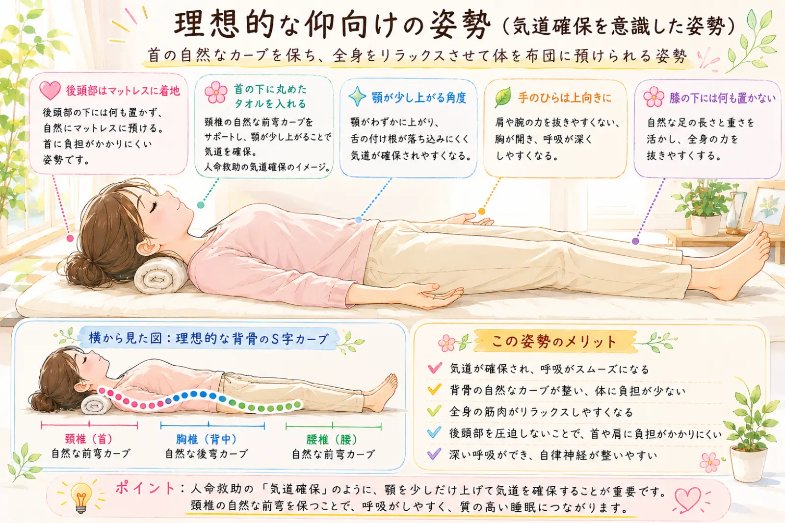 仰向けで眠る時の理想的な姿勢の図解。首の下に丸めたタオルを入れ、後頭部をマットレスに預け、顎が少し上がる角度で気道を確保する