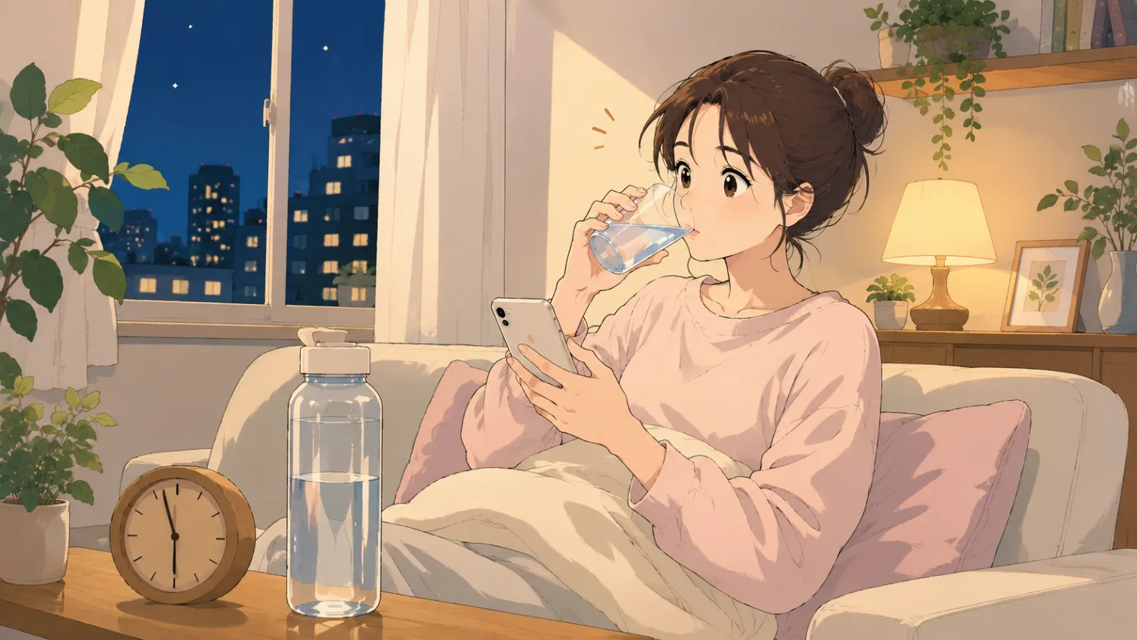 夜、寝る前にソファでスマホを見ながらコップの水を飲む女性