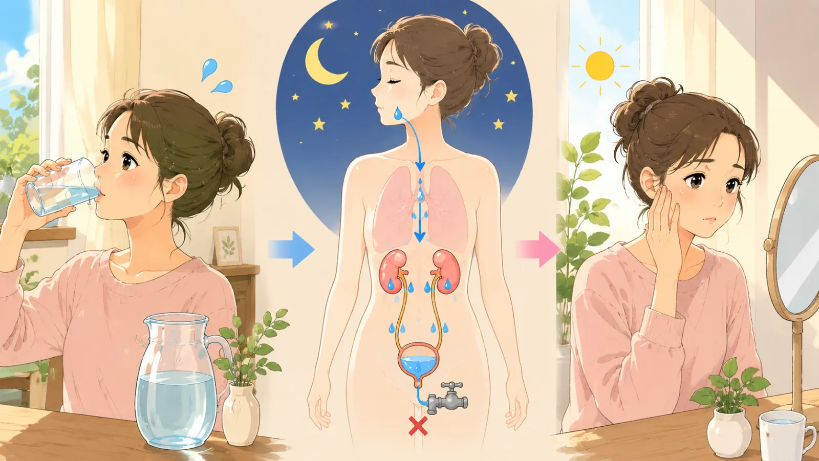 寝る前に水をがぶ飲みすると翌朝むくむ仕組みの図解。睡眠中は尿の生成が減り、下の蛇口が閉まった状態になるため、行き場のない水分が体に留まりやすい