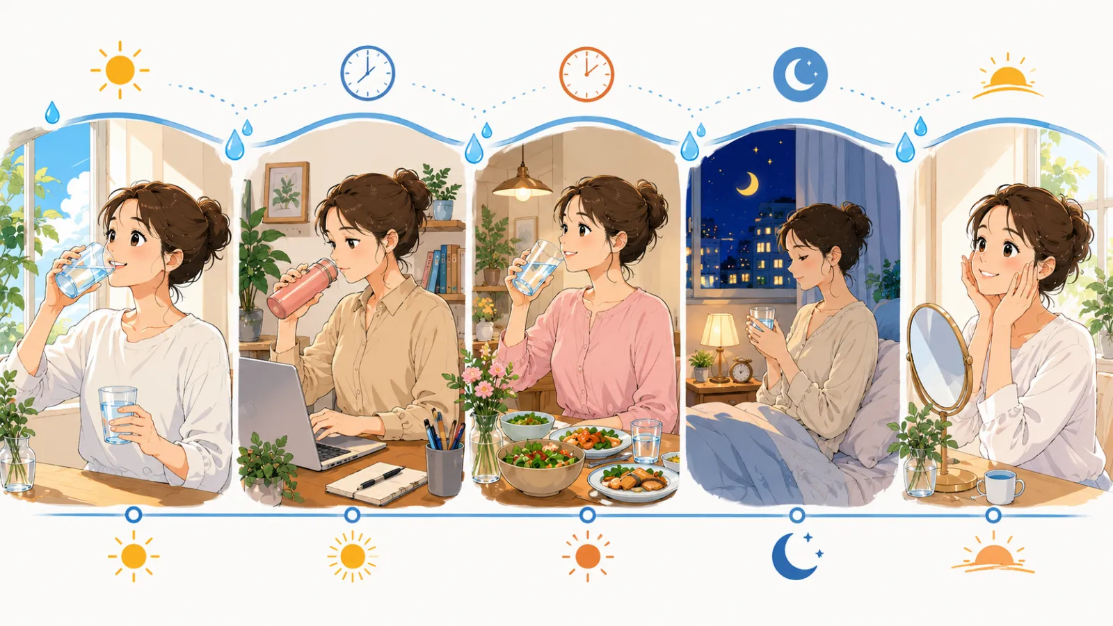 1日の水分補給リズムのタイムライン。朝起きてたっぷり飲み、日中はこまめに補給し、夕飯までに1日分を取り終え、寝る前は喉を湿らせる程度にする